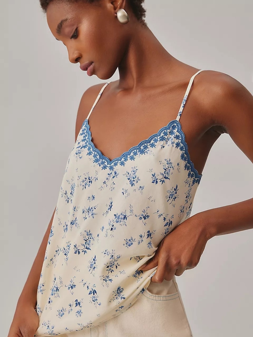 Reformation Cream Cami with Blue Floral Lace Trim Cami Tank